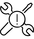 Small Black/white Line Graphic Of Crossed Tools (a Wrench And Screwdriver) Topped By An Exclamation Point
