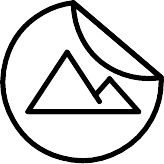line illustration of a round sticker, edge folded over, with a mountain printed on it
