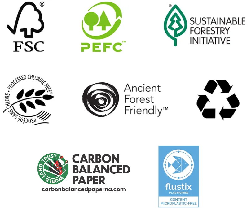 Sustainability Solutions: FSC, PEFC, Sustainable Forestry Initiative, Processed Chlorine Free, Ancient Forest Friendly, Recycle, World Land Trust, And Flustix Logos