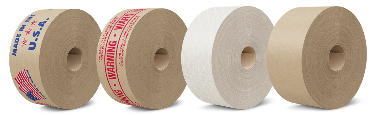 Water Activated Tape rolls in kraft, printed, and reinforced varieties